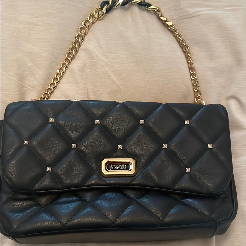 Badgley Mischka Black and Gold Quilted Shoulder Bag